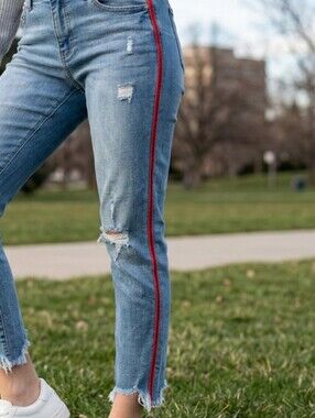 Women's Seven7 Jeans Blue Distressed Ankle Skinny with Red Stripe Plus Size14